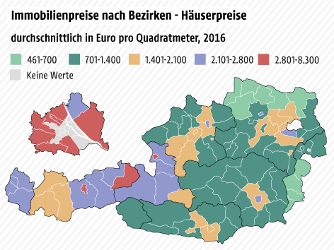 Karte von Österreich zeigt Durchschnittspreise pro Quadratmeter 2016 für Häuser und Wohnungen nach Bezirken