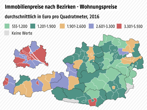 Karte von Österreich zeigt Durchschnittspreise pro Quadratmeter 2016 für Häuser und Wohnungen nach Bezirken